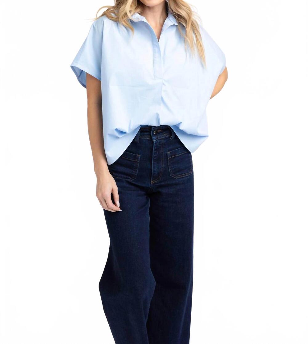 NEW KARLIE women's poplin collar v neck top in blue